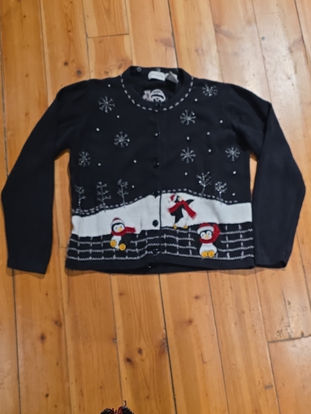 White Stag Navy and White Holiday Penguin Cardigan